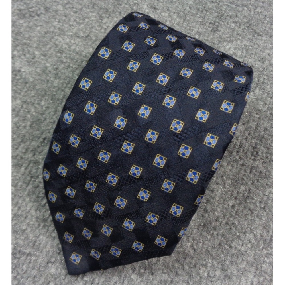 Brioni Designer Tie Blue Geometric Pattern Squares Logo Accent